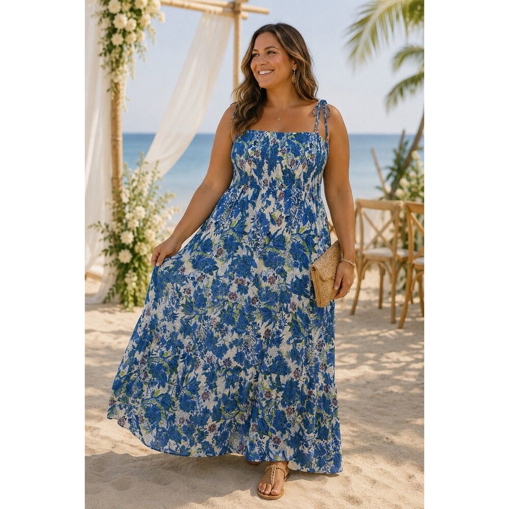 Hailey & Co Women's Plus Size 3X Blue Floral Smocked Tie-Strap Maxi Dress